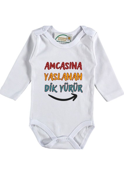 Amcasına Yaslanan Dik Yürür Yazılı Bebek Zıbın