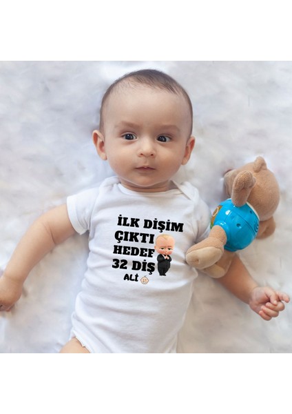 Ilk Dişim Çıktı Hedef 32 Diş Yazılı Bebek Zıbın