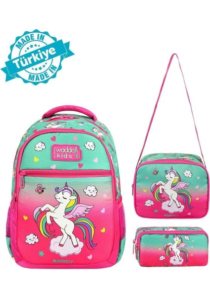 Lisanslı Su Yeşili-Fuşya Unicorn Desenli Kız Çocuk Ilkokul Sırt Çantası,beslenme Çantası ve Kalemlik