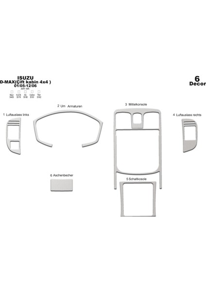 Marscockpitdesign Isuzu D Max Çift Kabin 4x4 Konsol-Maun Kaplama 2005-2006 6 Parça