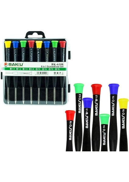 Baku BK-6108 8ın1 Hassas Tornavida Seti (1.5-1.2-0.8--T3-T4-T5-T6) modelleri