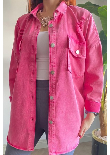 Kadın Kot Denim Eskitme Model Gömlek