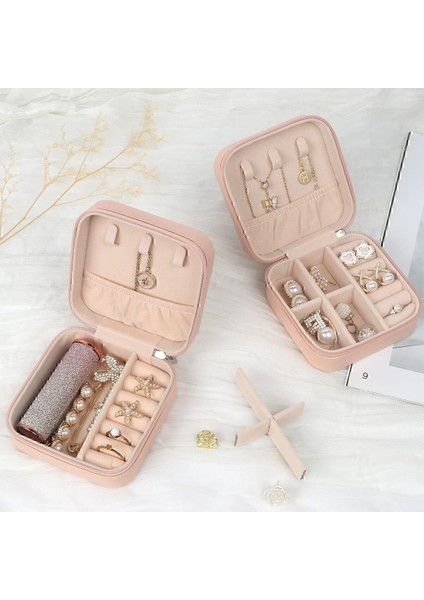 Pembe Mini Mücevher Takı Kutusu - Kolye, Yüzük, Küpe Düzenleyici Seyahat Takı Çantası 10 x 10 Mücev