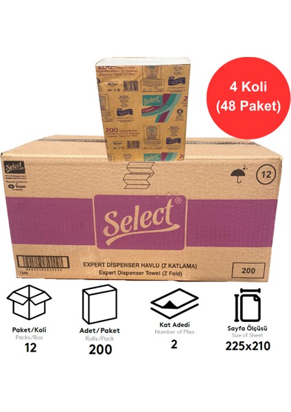 Expert Dispenser Z Katlama Kağıt Havlu 21 cm x 22,5 cm 200 Yaprak 4 Koli 48 Paket