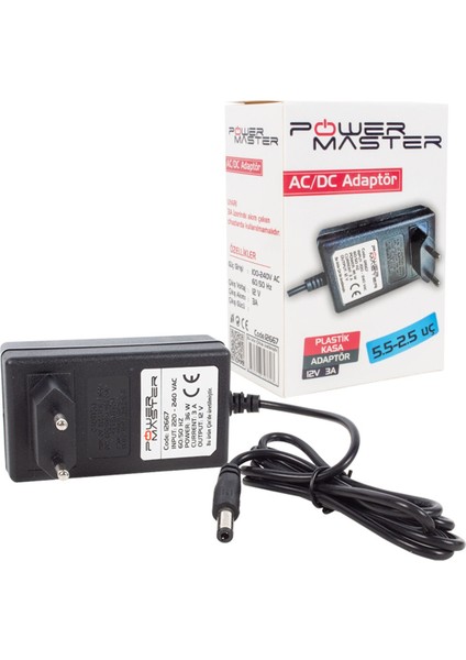 PM-12667 12 VOLT - 3 AMPER 5.5*2.5 MM UÇLU PLASTİK KASA PRİZ TİPİ ADAPTÖR