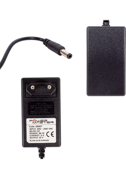 PM-12667 12 VOLT - 3 AMPER 5.5*2.5 MM UÇLU PLASTİK KASA PRİZ TİPİ ADAPTÖR