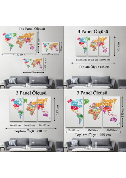 Ack Dekorasyon Renkli Ülke Isimli Dünya Haritası Kanvas TABLO-1011
