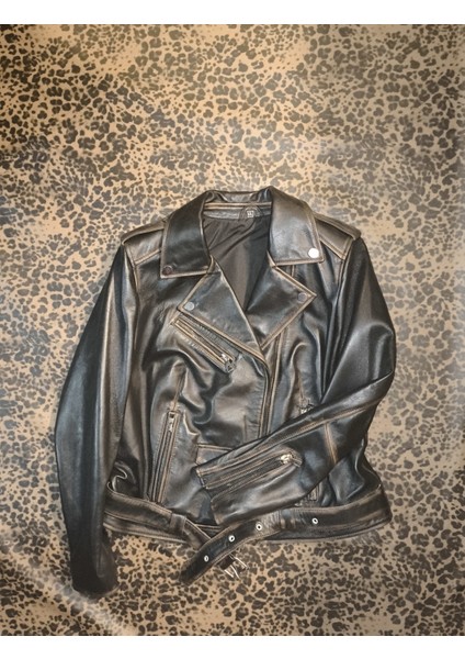 Deri Kadın Ceket Slim-Fit Biker Model Motorcu Tarzı Eskitme