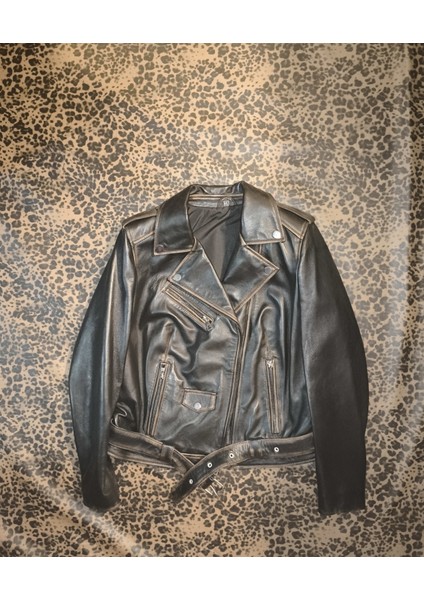 Deri Kadın Ceket Slim-Fit Biker Model Motorcu Tarzı Eskitme