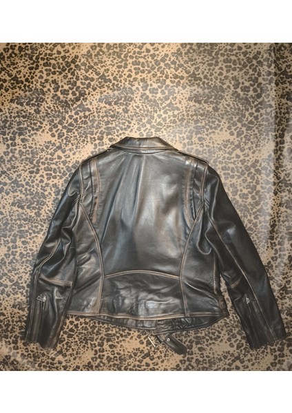 Deri Kadın Ceket Slim-Fit Biker Model Motorcu Tarzı Eskitme