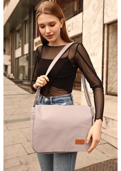 Gri K8 Düz Postacı Model 3 Bölmeli Askılı Günlük Unisex Kol ve Omuz Çantası U:28 E:35 G:7