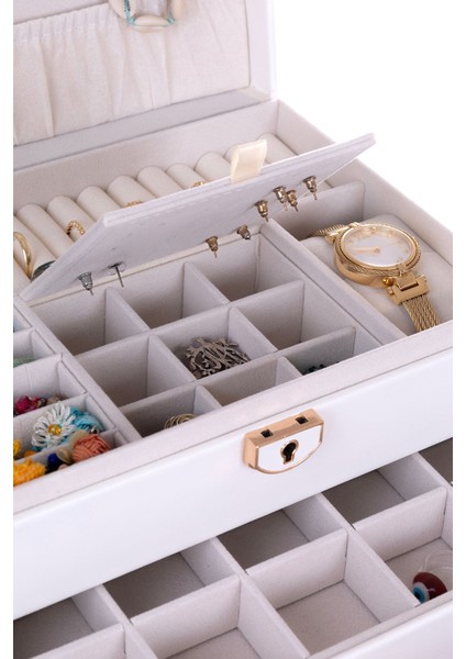 Beyaz Modern 2 Çekmeceli Takı Mücevher Kutusu Organizer Düzenleyici Beyaz 13 x 23 x 10 cm 2 Plastik