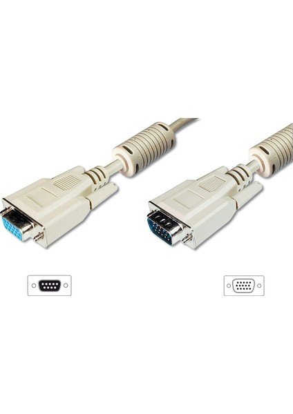 VGA Monitör Uzatma Kablosu, DSUB 15 erkek DSUB 15 dişi, 3Coax/7C, 2 x ferrite filtre, AWG 28, 1.80 metre, bej renk