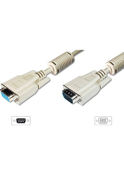 VGA Monitör Uzatma Kablosu, DSUB 15 erkek DSUB 15 dişi, 3Coax/7C, 2 x ferrite filtre, AWG 28, 3 metre, bej renk