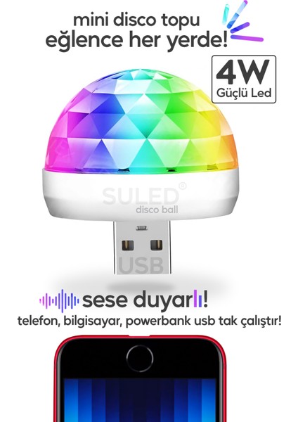 SL-1018 Mini Sihirli Disko Topu Sese Duyarlı 4W USB Işıklı Küre USB Enerjili Telefon ile Çalışır