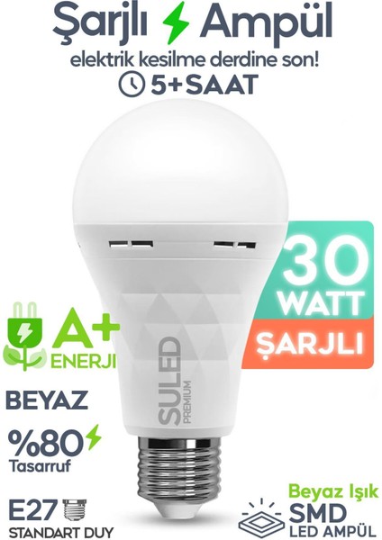 Şarjlı Ampül 30W Ultra Acil Durum & Kamp Işığı 220V Beyaz E27 Duy Otomatik %80 Tasarruflu