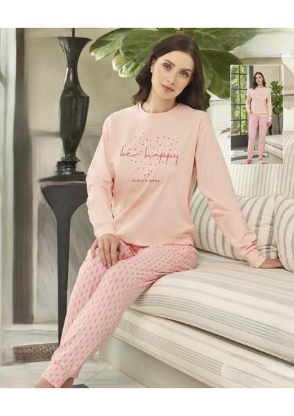 240600 Bayan Pamuklu Uzun Kol Bisiklet Yaka Pijama Takım