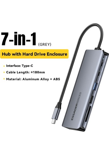 7'in 1'i M.2 Ssd Fonksiyonlu Hub Çoklayıcı Switch Süper Hızlı 10Gbps Type-C Pd 100W Type-C Usb3.2 Gen2 Usb 2.0 Sd Kart TF Kart CE/FC/ROHS Lisanslı