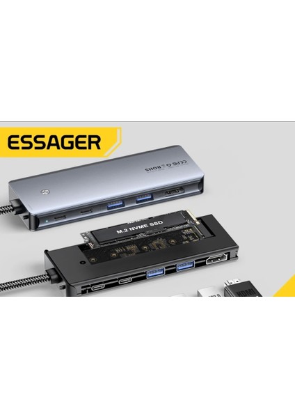 7'in 1'i M.2 Ssd Fonksiyonlu Hub Çoklayıcı Switch Süper Hızlı 10Gbps Type-C Pd 100W Type-C Usb3.2 Gen2 Usb 2.0 Sd Kart TF Kart CE/FC/ROHS Lisanslı