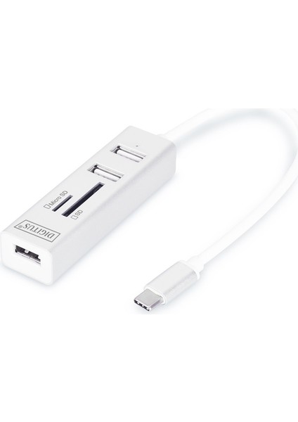 USB 2.0 Tip C 3 Port Hub, Kart Okuyucu, 3 x USB 2.0. 1 x Sd, 1 x Microsd Kart Yuvası, Alüminyum
