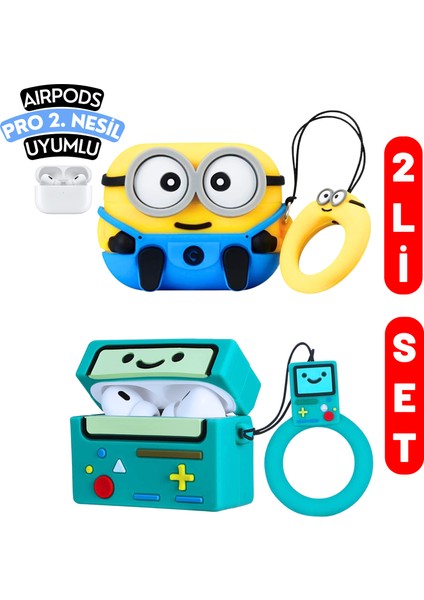2'li Set - Pro 2. Nesil Uyumlu İki Gözlü Minyon ve Bmo Figürlü İkili Kulaklık Kılıfı Seti