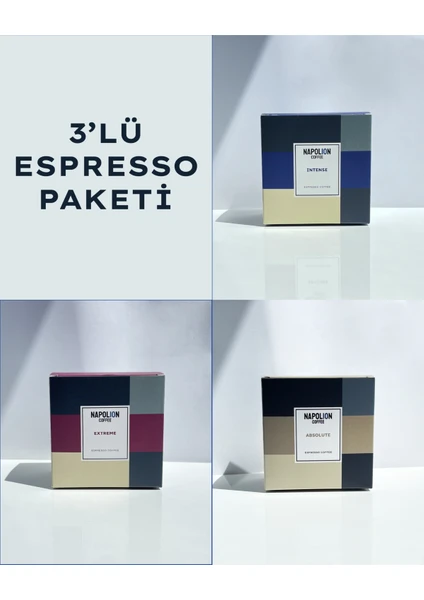 3'lü Tanışma Paketi, Çekirdek Espresso Kahve 3 x 250G | Intense, Extreme, Absolute