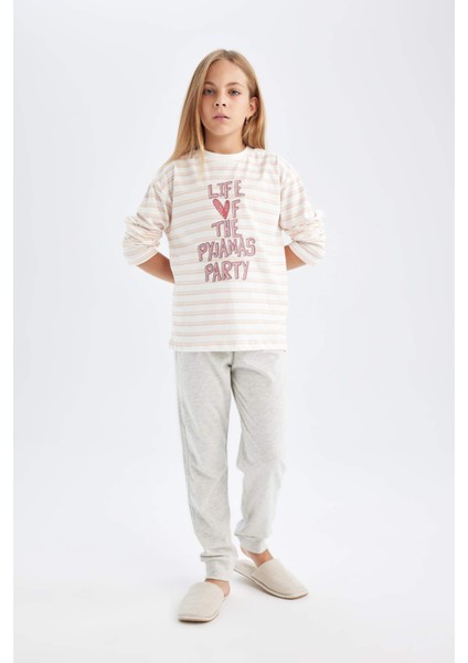 Kız Çocuk Pijama Takım Baskılı Uzun Kollu Üst Beli Lastikli Uzun Alt D3740A824AU