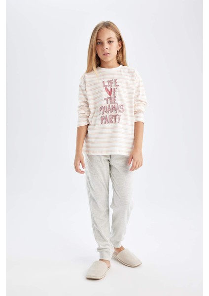 Kız Çocuk Pijama Takım Baskılı Uzun Kollu Üst Beli Lastikli Uzun Alt D3740A824AU