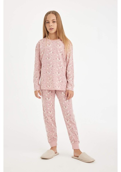 Kız Çocuk Pijama Takımı Desenli Uzun Kollu Üst Beli Lastikli Uzun Alt D6318A8NS