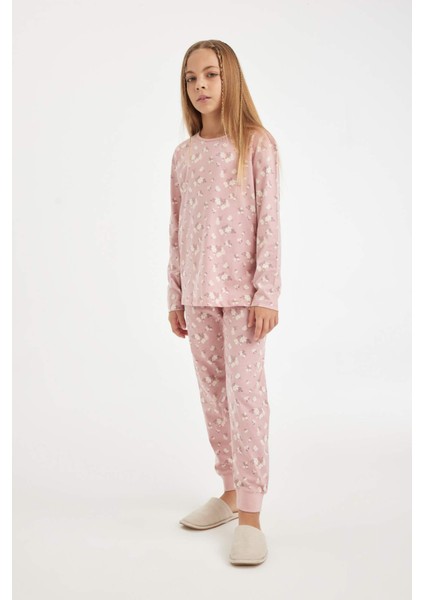 Kız Çocuk Pijama Takımı Desenli Uzun Kollu Üst Beli Lastikli Uzun Alt D6318A8NS