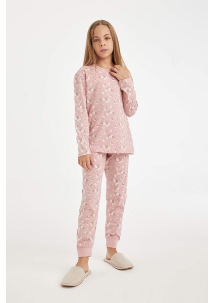 Kız Çocuk Pijama Takımı Desenli Uzun Kollu Üst Beli Lastikli Uzun Alt D6318A8NS