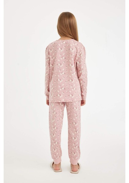 Kız Çocuk Pijama Takımı Desenli Uzun Kollu Üst Beli Lastikli Uzun Alt D6318A8NS