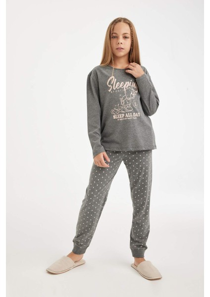 Kız Çocuk Pijama Takımı Baskılı Uzun Kollu Üst Beli Lastikli Uzun Alt D6319A8NS