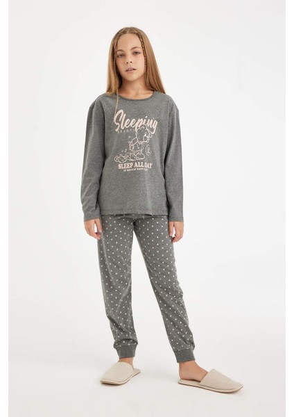 Kız Çocuk Pijama Takımı Baskılı Uzun Kollu Üst Beli Lastikli Uzun Alt D6319A8NS