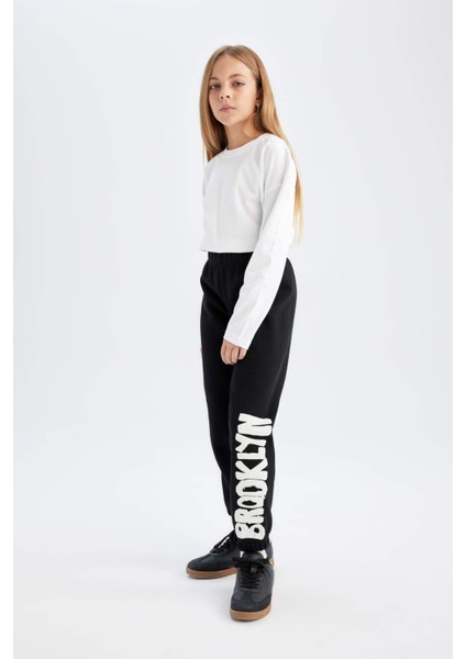 Kız Çocuk Baskılı Beli Paçası Lastikli Siyah Jogger Eşofman Altı D3209A824WN