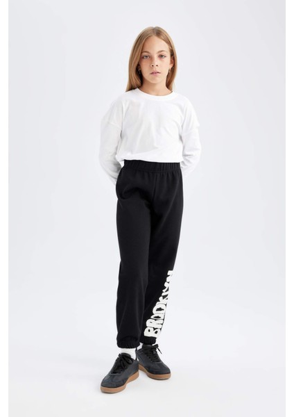 Kız Çocuk Baskılı Beli Paçası Lastikli Siyah Jogger Eşofman Altı D3209A824WN