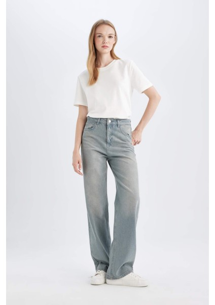 90's Wide Leg Yüksek Bel Uzun Jean Yıkamalı Pantolon D6835AX24AU