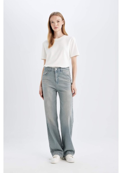 90's Wide Leg Yüksek Bel Uzun Jean Yıkamalı Pantolon D6835AX24AU