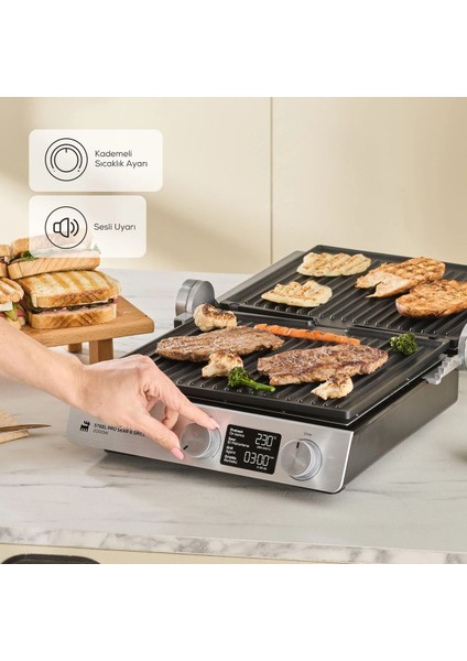 Tekno Trust Inox Dijital Ekranlı Zamanlayıcılı Yanmaz Yapışmaz Pro Izgara ve Tost Makinesi 2000W