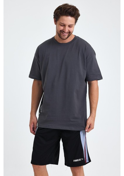Erkek Over Size Spor T-Shirt | Kurt Baskılı | Workout T-Shirt | Tişört | Füme | indirimleri