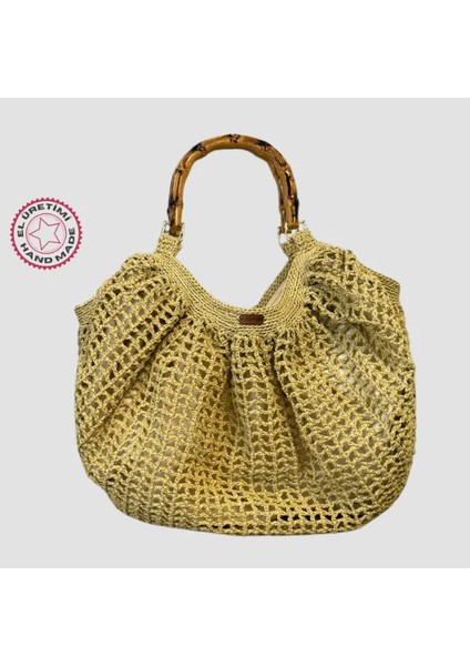 El Yapımı Bambu Saplı Kağıt Ip Çanta 33CM - Kahverengi