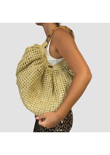El Yapımı Bambu Saplı Kağıt Ip Çanta 33CM - Kahverengi