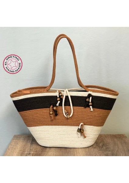 El Yapımı Tress Ip Plaj Çanta 26CM - Kahverengi
