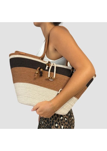 El Yapımı Tress Ip Plaj Çanta 26CM - Kahverengi indirimleri