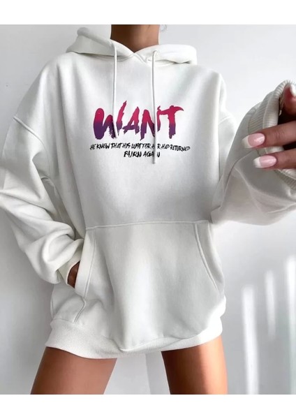 Baskılı Üç Iplik Kapüşonlu Oversize Sweatshirt - Beyaz fiyatları