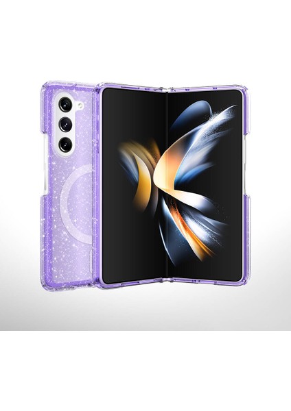 Samsung Galaxy Z Fold 6 ile Uyumlu Kılıf Magsafe Şarj Özellikli Parlayan Simli Saydam Renkli Kapak