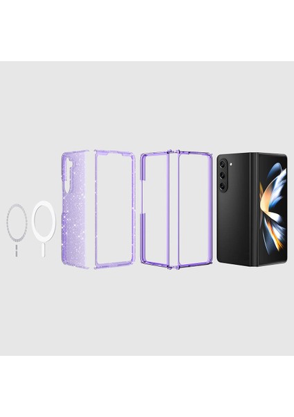 Samsung Galaxy Z Fold 6 ile Uyumlu Kılıf Magsafe Şarj Özellikli Parlayan Simli Saydam Renkli Kapak