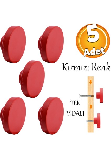 Plastik Yuvarlak 5 Adet Düz Kırmızı Renk Oda Mobilya Mutfak Dolabı Kapak Kulpu Çekmece Kulbu