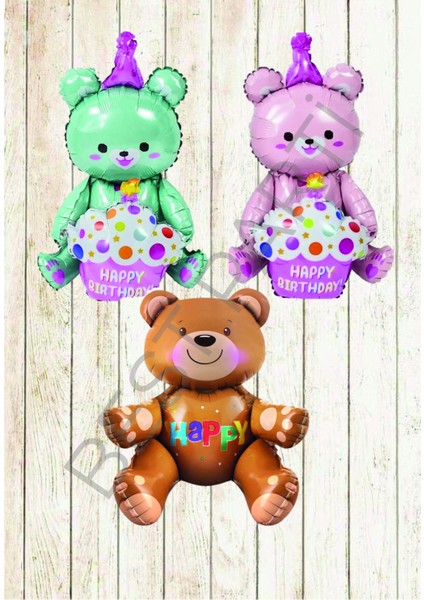 Oturan Ayı Yeşil-Pembe-Kahverengi 3'lü Folyo Balon Seti