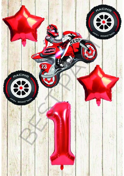 Motorsiklet-Yarış Lastiği ve Kırmızı Rakam Yıldız Folyo Balon Seti Yaş-1